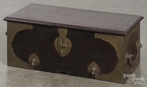 Brass bound mahogany lock box, ca. 1800, 11'' h., 26'' w.