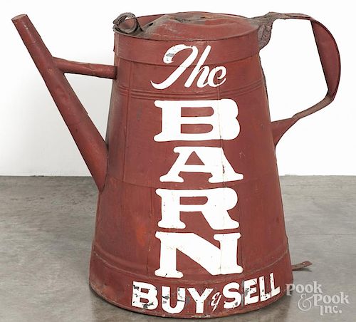 Painted tin coffeepot trade sign for The Barn Buy and Sell, 32'' h.