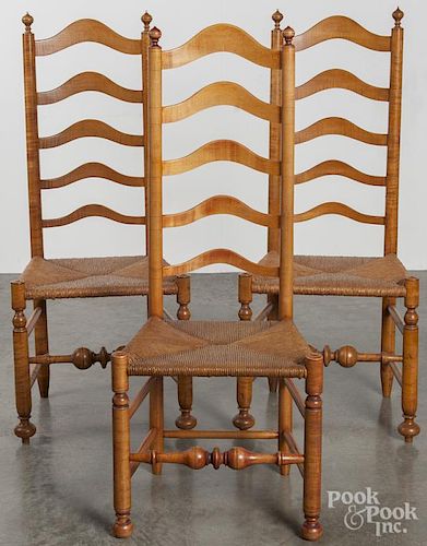 Three tiger maple ladderback chairs, by Howard Szmolko.