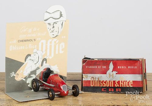 Ohlsson & Rice gas race car, with remains of the original box and cardboard store display