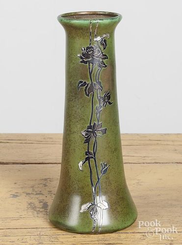 Heintz sterling overlay on bronze vase, 3 1/2'' h., 7'' dia.