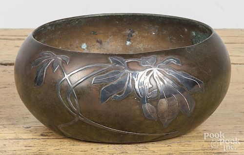 Heintz sterling overlay on bronze bowl, 3 1/2'' h., 7'' dia.