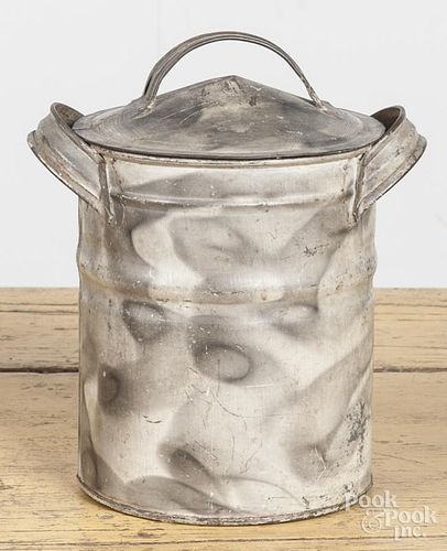 Painted tin canister, 19th c., with smoke decoration, 8'' h.