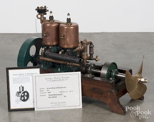 Arrow Motor and Machine Co., five HP inboard boat motor, built 1917, having two cylinders