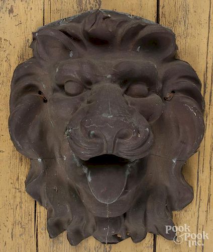 Copper lion mask architectural element, late 19th c., 21 3/4'' h.