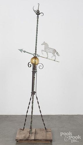 Copper and iron lightning ball and rod with a zinc horse weathervane, 19th c., 69'' h.