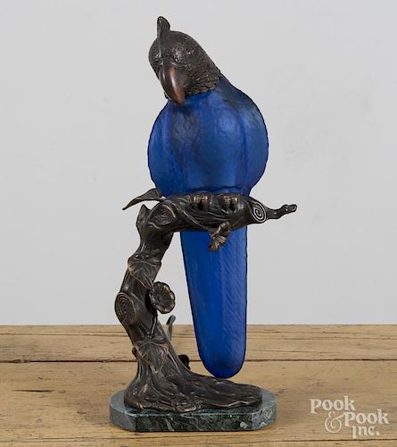 Tinchi bronze, marble and art glass figural parrot lamp, dated 1998, 17'' h.
