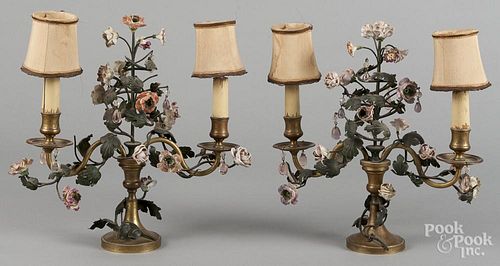 Pair of brass and porcelain bedroom lamps, early 20th c., 14'' h.