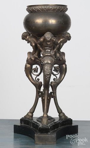 Spelter, brass, and marble jardinière, early 20th c., with a figural support, 22 1/2'' h.