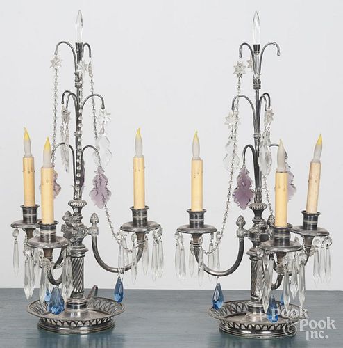Pair of silver-plate candelabra, early 20th c., with glass prisms, overall - 23 1/4'' h.