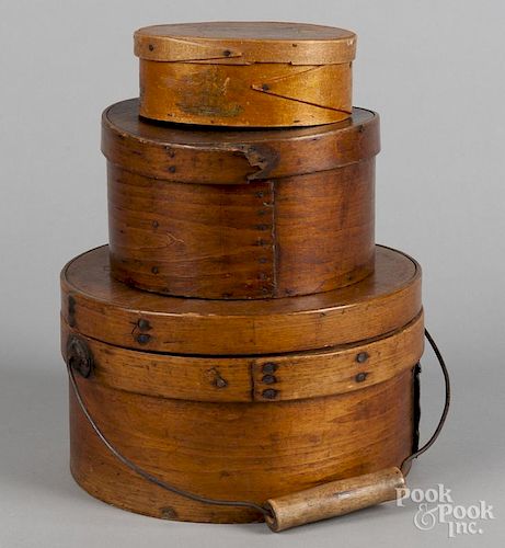 Three bentwood pantry boxes, 19th c., largest with handle - 5 1/2'' h., 9 1/4'' dia.