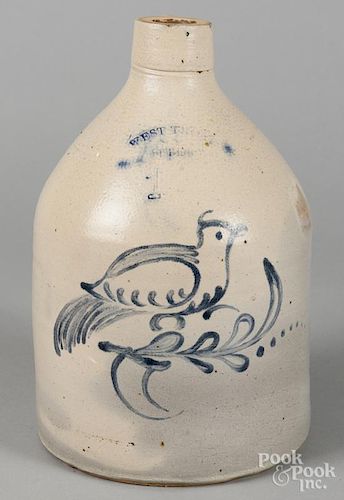 New York stoneware jug, 19th c., impressed West Troy Pottery, with cobalt bird decoration