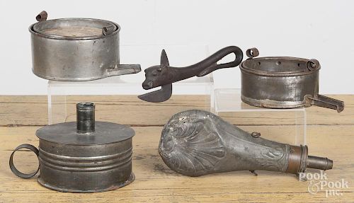 Metalware, to include a tin chamber stick, a bull head cutting utensil, a powder horn, etc.