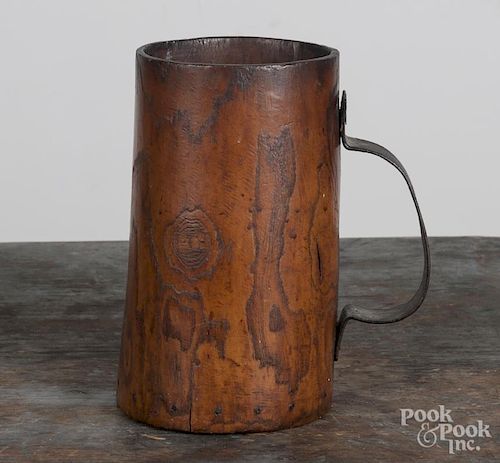 Burlwood stein, 19th c., with a wrought iron handle, 7 1/2'' h. Provenance Titus Geesey.