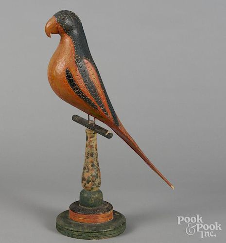 Keith Collis, carved and painted parrot on a perch, 20'' h.