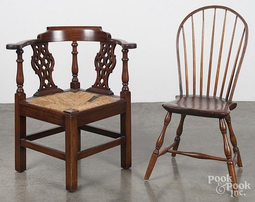 Chippendale style mahogany corner chair, together with a bowback Windsor, ca. 1820.