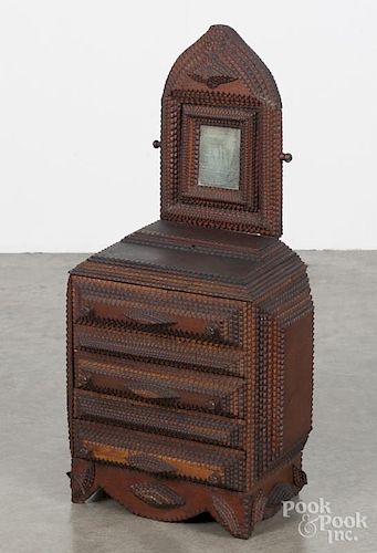 Doll's tramp art dresser with a mirror, ca. 1900, 30'' h., 15'' w.