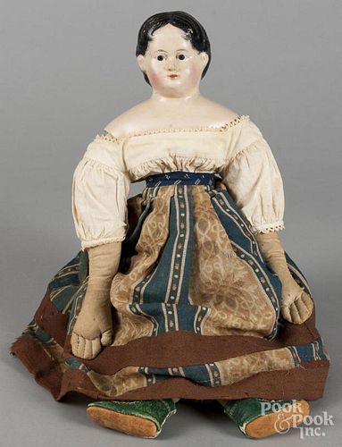 Papier-mâché doll, bearing a Greiner paper label, in a period outfit, 18 1/2'' h.