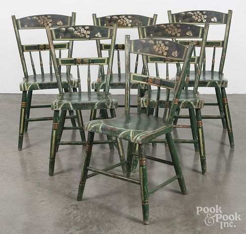 Set of six painted half spindle plank seat chairs, 19th c., retaining floral decoration