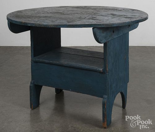 Pennsylvania painted pine chair table, 19th c., retaining a blue surface, 29'' h., 42'' dia.
