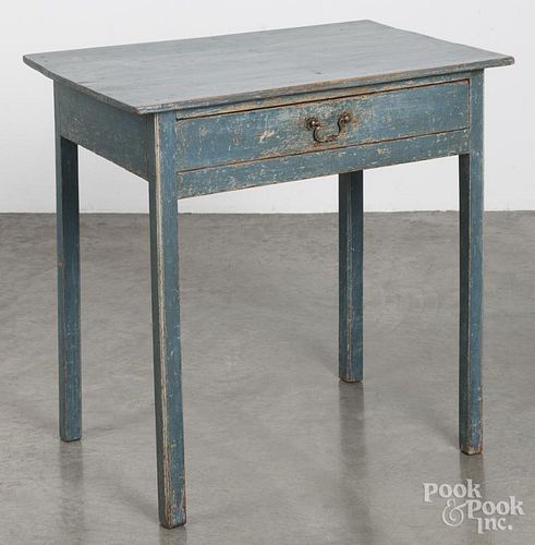 Painted pine work table, 19th c., retaining an old blue surface, 28'' h., 30'' w.