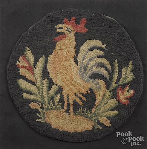 Needlework rooster chair pad, early 20th c., mounted to a frame, 15 1/2'' dia.