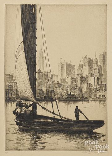 John Taylor Arms, limited edition print of the Sarah Jane sailboat in New York harbor, signed