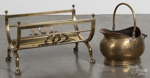 Brass log rack, 20th c., with ball and claw feet, 13'' h., 20'' d., together with a brass coal scuttle