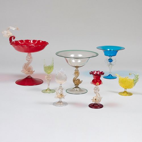 Group of Seven Venetian Glass Table Articles
