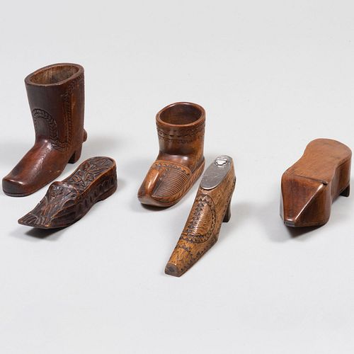 Group of Five English and Continental Wood Shoe Snuff Boxes