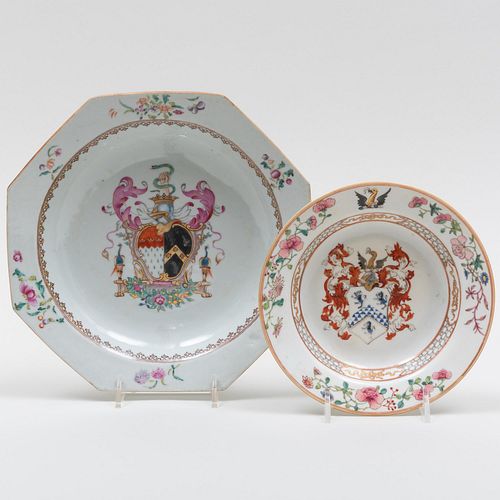 Chinese Export Porcelain Soup Plate with Arms of Leach Impaling Hopkins and a Saucer