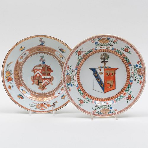Chinese Export Porcelain Soup Plate with Arms of Stanley Impaling Granville and a Soup Plate with Arms of Sayer Quartering  Woodhouse