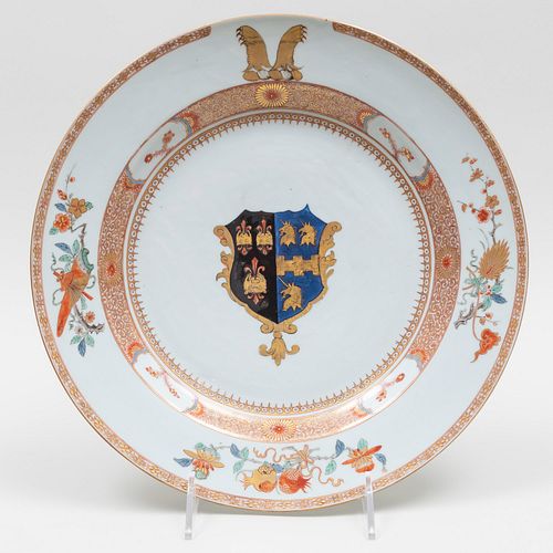 Chinese Export Porcelain Charger with Arms of Woodford Impaling Lear