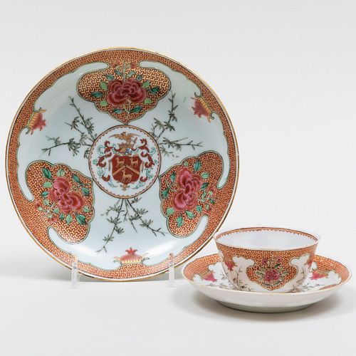 Chinese Export Porcelain Teabowl and Two Saucers with Arms of Hynde of Hodgeworth in Buckinghamshire and Laxton in Northamptonshire