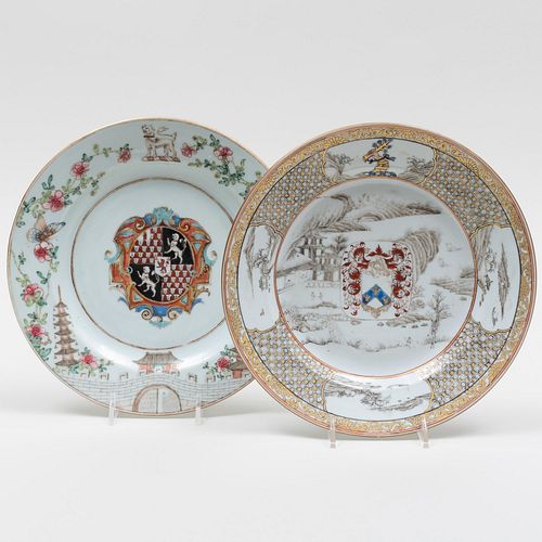 Chinese Export Porcelain Plates with Arms of Gresley Quarterly with Bowyer in Pretence and a Plate with Arms of Elwick of Middlesex