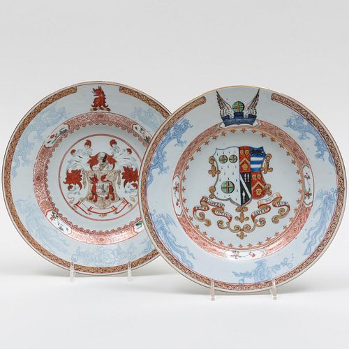 Chinese Export Porcelain Plate with Arms of Heathcote Impaling Parker Quarterly and Another Armorial Plate