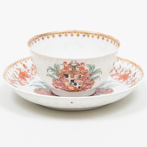 Chinese Export Porcelain Teabowl and Saucer with Arms of Rudge Quartering Chalmers