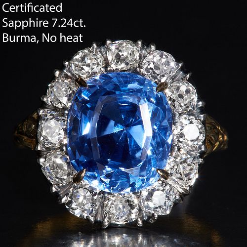 CERTIFICATED BURMA SAPPHIRE AND DIAMOND CLUSTER RING