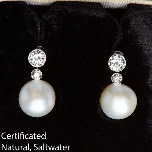 IMPORTANT PAIR OF NATURAL SALTWATER PEARLS AND DIAMOND DROP EARRINGS