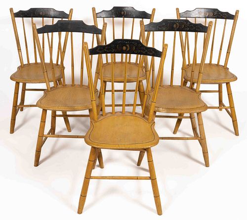AMERICAN COUNTRY PAINT-DECORATED WINDSOR SIDE CHAIRS, SET OF SIX