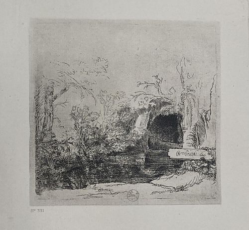 Rembrandt van Rijn - A Brook with a Grotto and a Boat