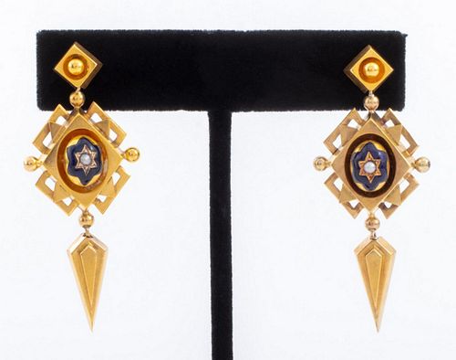 Victorian 14K Yellow Gold Pearl Enamel Earrings