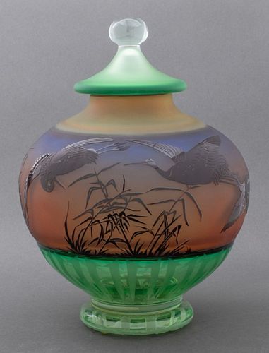 Gary Genetti Covered Glass Vase with Cranes
