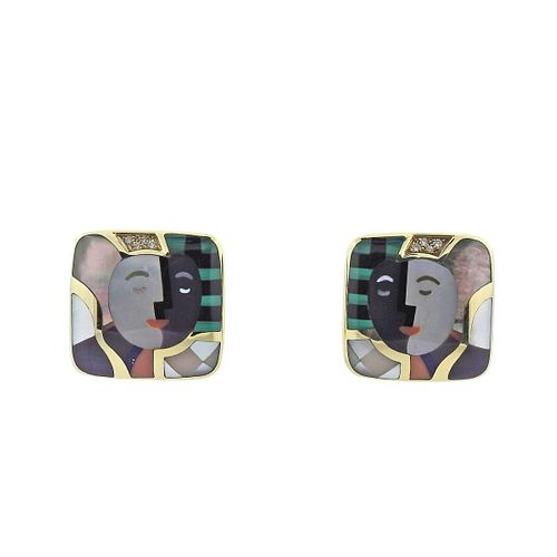 Asch Grossbardt 14k Gold Inlay Gemstone Diamond Earrings