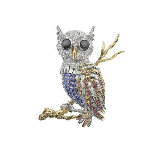 18k Gold Diamond Sapphire Ruby Tourmaline Owl Brooch Pin