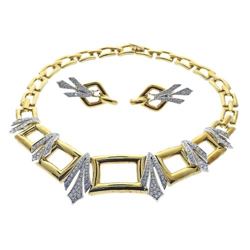 Midcentury 5.20ctw Diamond 18k Gold Necklace Earrings Set