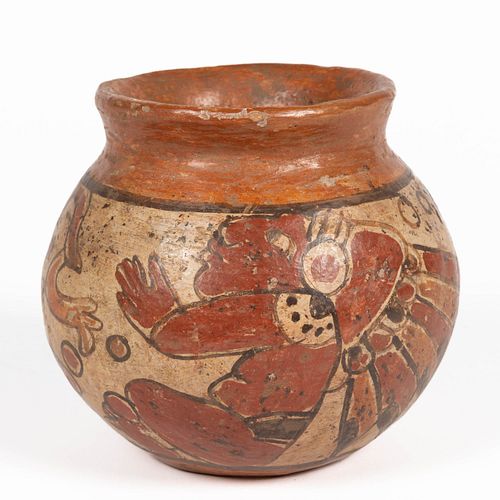 CENTRAL AMERICAN MAYAN REPRODUCTION HAND-PAINTED EARTHENWARE / REDWARE POTTERY JAR