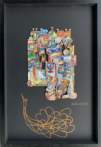 Raphael Abecassis  Mixed Media 3D decoupage with original drawing  "Harp"