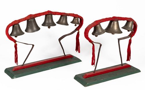 CONESTOGA WAGON HAMES WROUGHT-IRON AND BRASS BELLS, LOT OF TWO