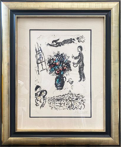 A Marc Chagall Bouquet over the Town  1983  Original Lithograph after Chagall  34 of 50  Approx  24x18 inches image size Hand signed and numbered